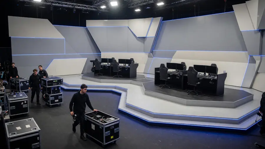 Broadcast desk overlooking stage